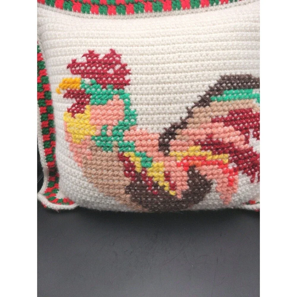 Vintage Handmade Crocheted Rooster Pillow 17